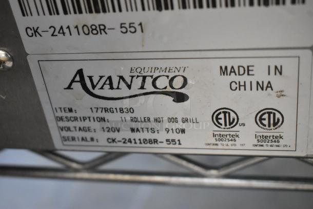 Label on Avantco 177RG1830 hot dog roller grill shows model, 11 rollers, 120V, 910W, manufacturers serial and certifications.