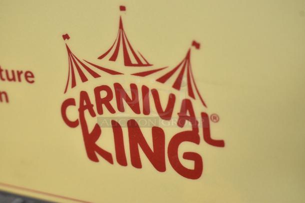 Carnival King logo close-up on packaging of the 2024 Carnival King 382CM16DBL Stainless Steel Dual Crepe Maker.