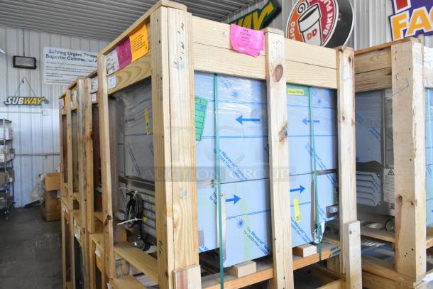 Brand new BKI 52473-1 stainless steel commercial freezer. Packaged in wooden crate; features commercial casters. 115V, 1 Phase.
