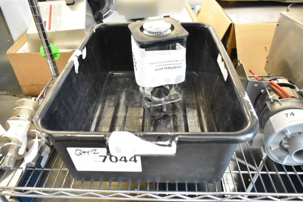 Hamilton Beach 6126-751 48 oz. AirWhip Frothing Blender Jar with lid in black poly bus bin. New, slight dents visible.