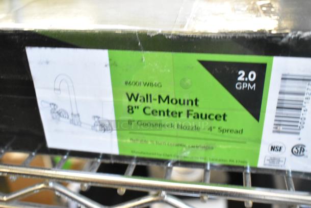 BRAND NEW SCRATCH AND DENT! Regency 600FW84G wall-mount faucet with 3 1/2" swivel gooseneck spout, 8" centers, 2.0 GPM.