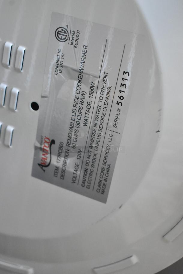 Label on Avantco 177RCB60 rice cooker/warmer. Features: 60 cup capacity, 120V, 1550W. Serial number: 561313.