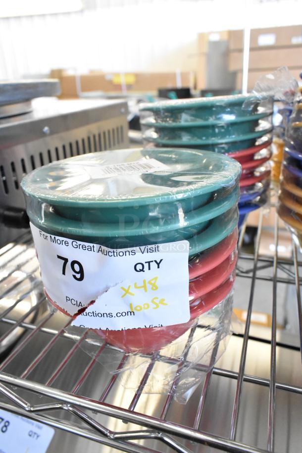 Lot of 48 GET B-105-MIX 10 oz. melamine bowls in assorted colors, new scratch and dent. Quantity and auction label visible.