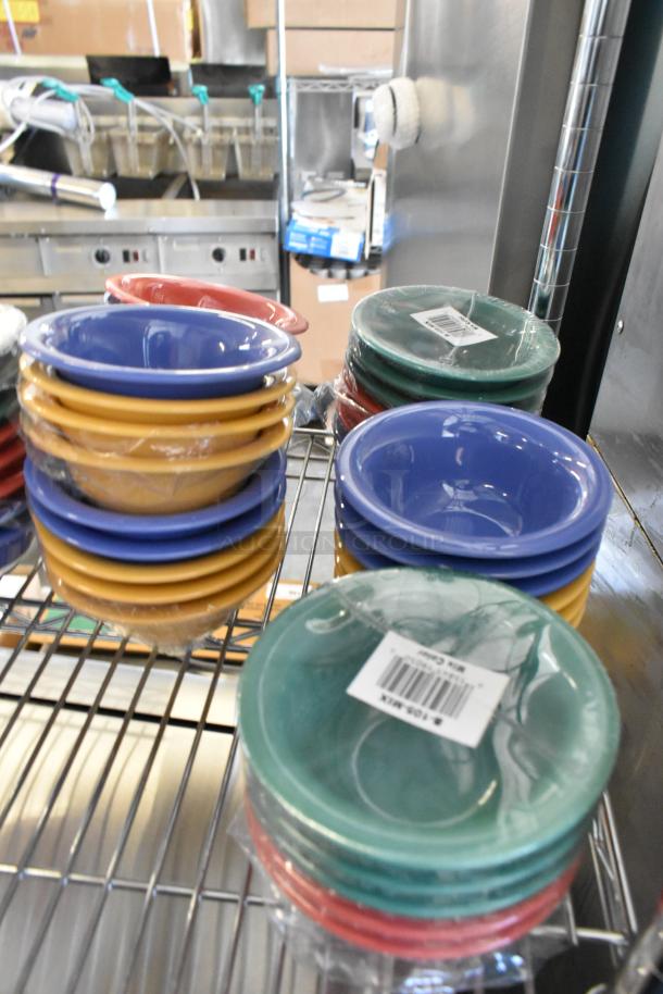 Lot of 48 GET B-105-MIX diamond Mardi Gras 10 oz. melamine bowls in assorted colors, brand new with tags, minor scratches.