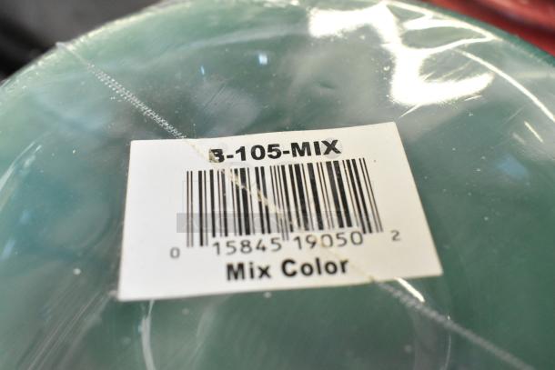 "Brand new GET B-105-MIX Diamond Mardi Gras 10 oz. melamine bowl, assorted colors, shown with barcode label indicating mixed colors."