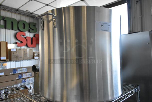 BRAND NEW 471SP140QTHD Choice 140 Qt. Heavy Weight Aluminum Stock Pot, scratch and dent, with protective sticker visible.