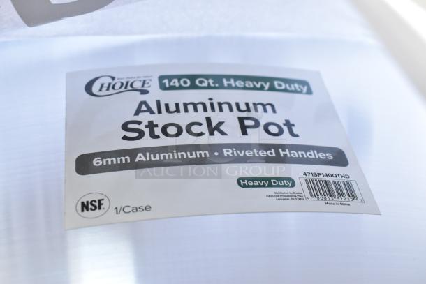 BRAND NEW 140 Qt. Choice Heavy Weight Aluminum Stock Pot, 6mm thick, riveted handles, NSF certified, model 471SP140QTHD.