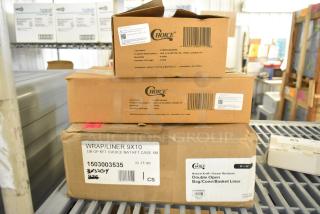 Boxes of Choice polycarbonate food pan lids and Kraft liner bags on warehouse shelf, labeled with product details.