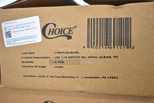 Cardboard box with Choice logo and barcode, labeled "LID 1/6 NOTCH W/ HNDL CLEAR, PC" from India. Quantity: 6 pieces.
