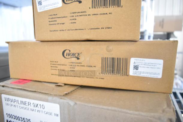 Three Choice brand boxes labeled as 1/6 and 1/3 size polycarbonate food pan lids and 9" x 10" kraft liners, new condition.