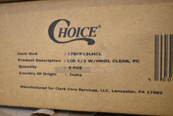 Cardboard box with "Choice" logo, labeled 176FP13LHCL. Description: Lid 1/3 with handle, clear PC. Quantity: 6 pcs. Origin: India.