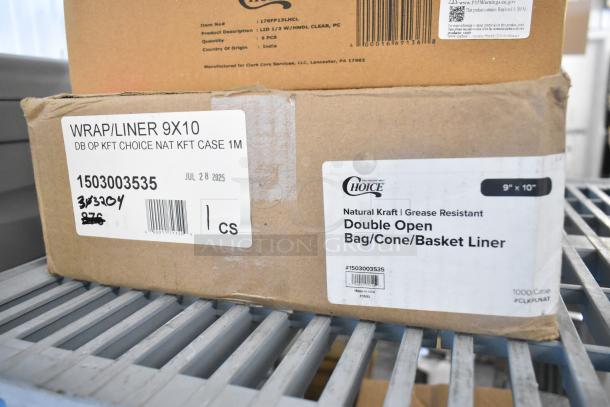 Boxes of Choice polycarbonate food pan lids and kraft deli wrap liners with labels detailing item numbers and specifications.