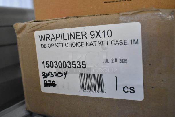 Cardboard box with "WRAP/LINER 9X10" label, item code 1503003535, date "JUL 28 2025," and barcode.