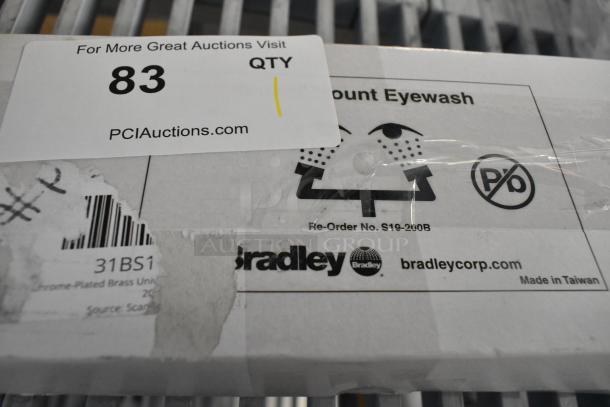 Chrome-plated brass Bradley Universal Faucet Mount Eyewash S19-200B in box. Re-Order No. S19-200B, made in Taiwan.