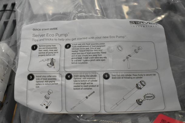2 brand new Server Eco Pumps with instructions, quick start guide visible. Scratch and dent condition; includes pump and grate.
