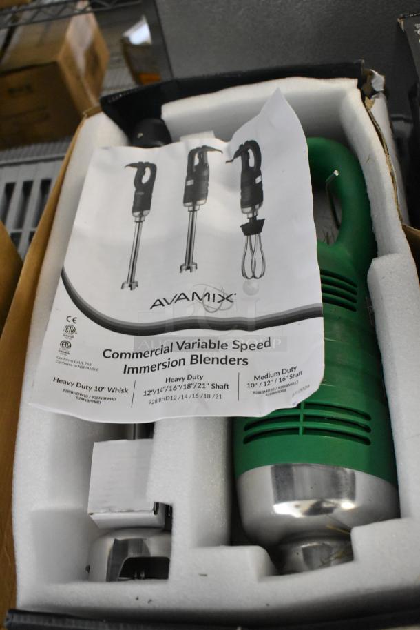 Two brand new Avamix immersion blenders, models IBHD18 and IBHD21, in original packaging, with variable speed feature.