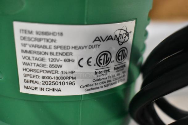 Close-up of AvaMix IBHD18 immersion blender label. Details: 1 1/4 hp, 850W, 120V, made in China, serial 2025010195.