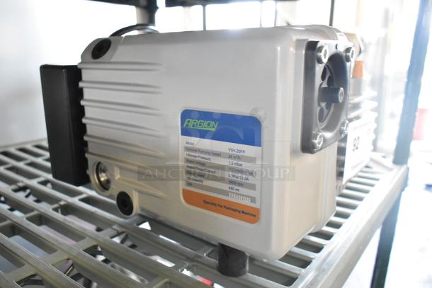 BRAND NEW Argion VSV-20FP pump, 120V, 1 phase, with scratch and dent. Label shows model and specifications.