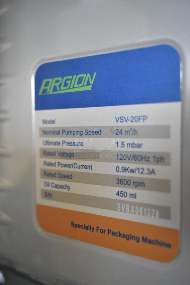 Brand new Argion VSV-20FP pump label showing specs: 24 m³/h speed, 1.5 mbar pressure, 120V, 450 ml oil capacity.