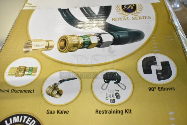 Brand new Krowne M5072K 72" Mobile Gas Connector Hose Kit, 1/2". Includes quick disconnect, gas valve, restraining kit, 90° elbows.
