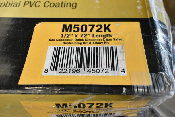Krowne M5072K 72" mobile gas connector hose kit, new condition, with scratch and dent. Includes gas connector, quick disconnect, valve, restraining kit, and elbow kit. Box label visible.