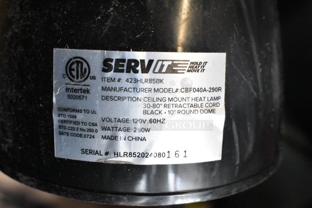 ServIt 423HLR85BK heat lamp label showing model CBF040A-290R, 120V, 250W, retractable cord, modern black finish.