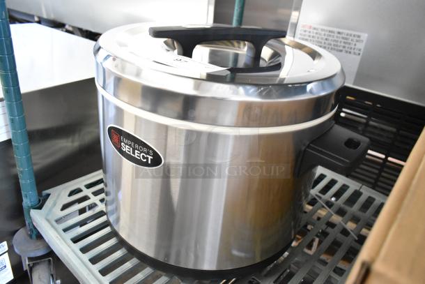 Brand new Emperor's Select 478ESC100SS 100-cup insulated sushi rice container, stainless steel, minor scratches, tags visible.