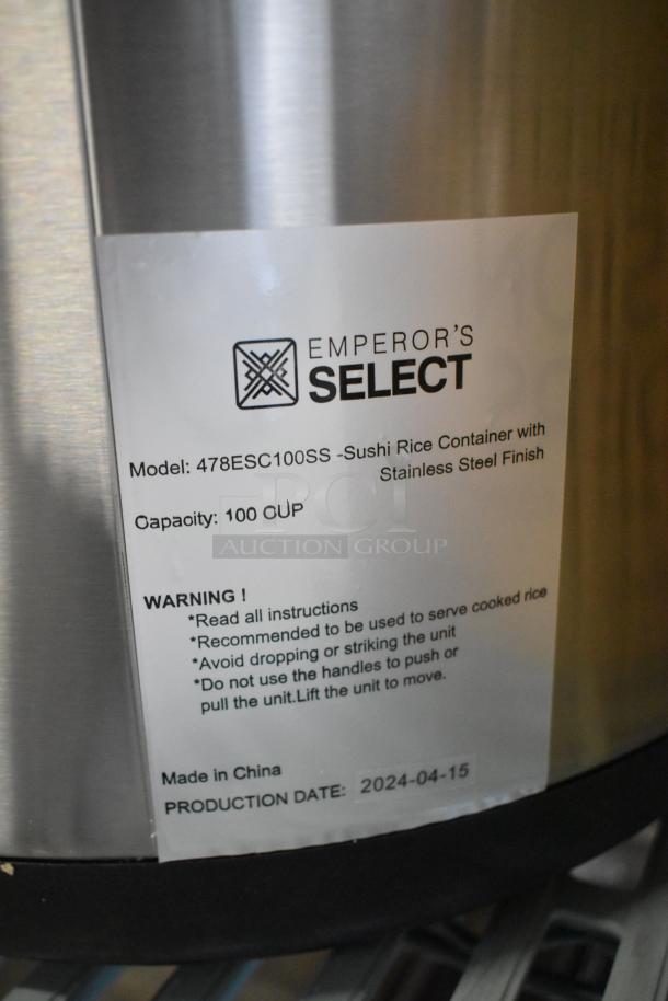 BRAND NEW Emperor's Select 478ESC100SS Sushi Rice Container, 100 cup capacity, stainless steel, production date 2024-04-15.
