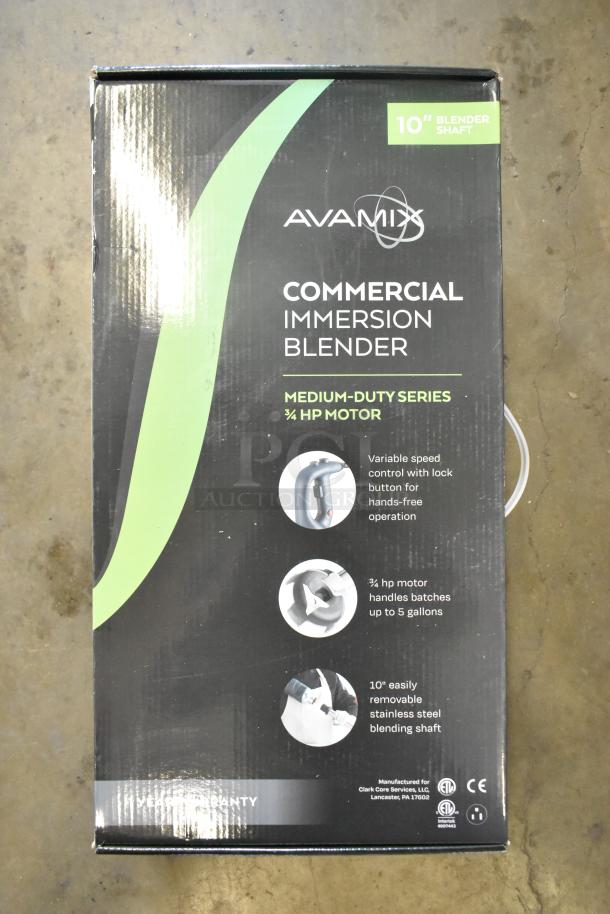 Brand new AvaMix 928IBMD10 10" immersion blender. Medium-duty, variable speed, 3/4 HP motor, 120V, 1 Phase.