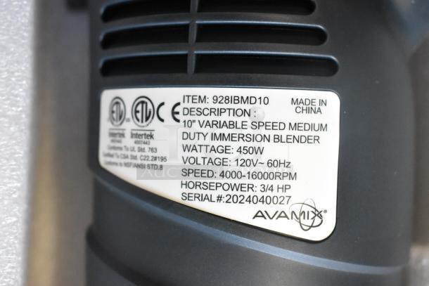 AvaMix 928IBMD10 10" immersion blender label showing specs: 450W, 120V, 4000-16000 RPM, 3/4 HP, made in China.