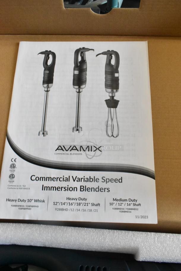 AvaMix 928IBMD10 10" immersion blender, medium-duty, variable speed. Includes manual, new in box, 120V, 1 phase.