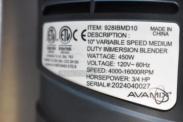 Label on AvaMix 928IBMD10 10" immersion blender: 450W, 120V, 4000-16000 RPM, 3/4 HP. Brand new, scratch and dent model.