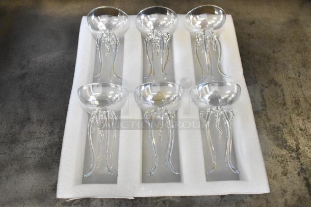 Box of 6 brand new glass goblets in packaging, minor scratch and dent, decorative stems, clear glass.