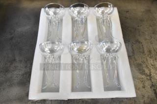 Box of 6 brand new glass goblets in packaging, minor scratch and dent, decorative stems, clear glass.