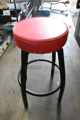 New black metal stool with red cushion, scratch and dent condition. Durable, modern design, available in set of 8.