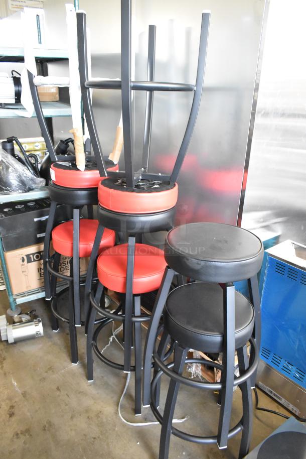 8 brand new black metal stools with red and black seat cushions, minor scratches, stackable design, durable construction.