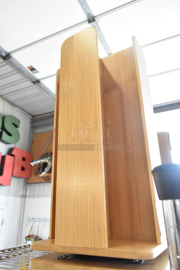 Brand new wooden countertop rack, scratch and dent condition, vertical design, natural wood finish.