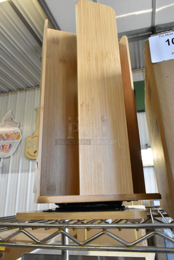 Brand new scratch and dent wooden countertop rack, natural finish, vertical slots, minor surface imperfections, sturdy design.