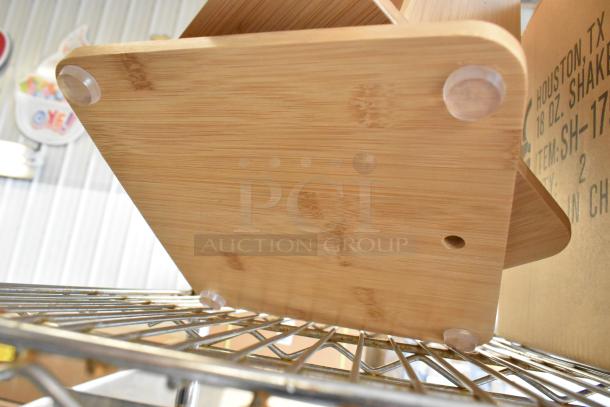 Brand new wooden countertop rack, scratch and dent condition, natural finish, rubber feet, suitable for organizing.