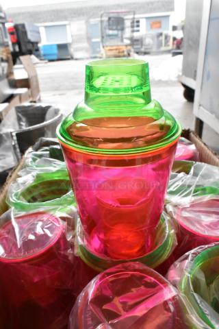 Two boxes of brand new SH-175-1-NEON 18 oz shakers in vibrant neon colors, plastic-wrapped, ideal for mixing drinks.