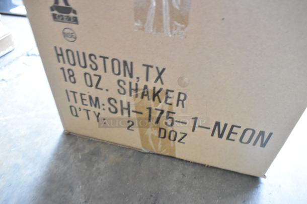 2 brand new boxes of SH-175-1-NEON 18 oz shakers, labeled "HOUSTON, TX," qty 2 dozen, scratch and dent condition.