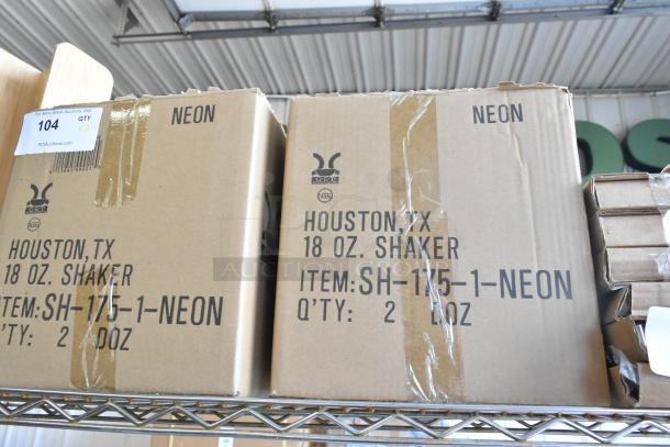 Two boxes of SH-175-1-NEON 18 oz shakers, brand new with minor scratches and dents, labeled "2 DOZ" each.