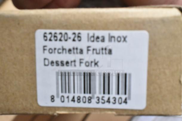Box labeled "62620-26 Idea Inox Forchetta Frutta Dessert Fork" with barcode. Brand new, scratch and dent condition.
