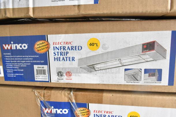 3 new Winco ESH-60 60" strip heaters with toggle switch, 120V, 1 phase. Includes undermount bracket set. Scratch and dent condition.