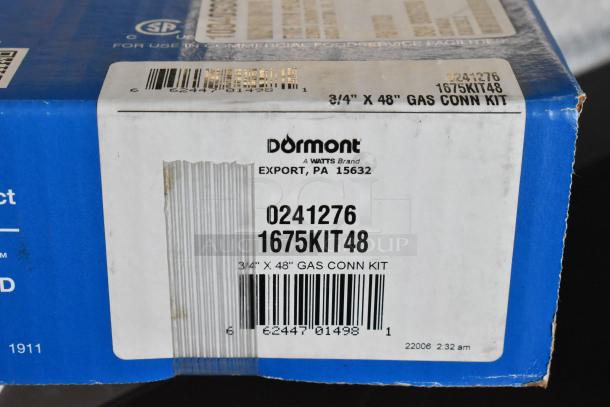Alt text: "Dormont 1675KIT48 48-inch gas connector kit, new with scratches, 3/4-inch male/male couplings, in packaging."