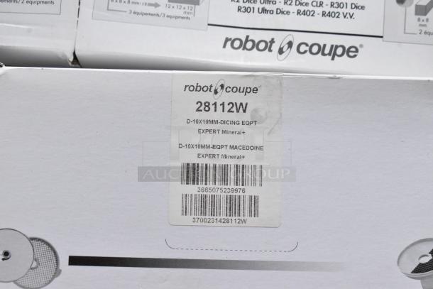 4 new Robot Coupe food processor blades, models 28059W, 28053W, 28112W, 28065W; includes grater, julienne, dicer, slicer.