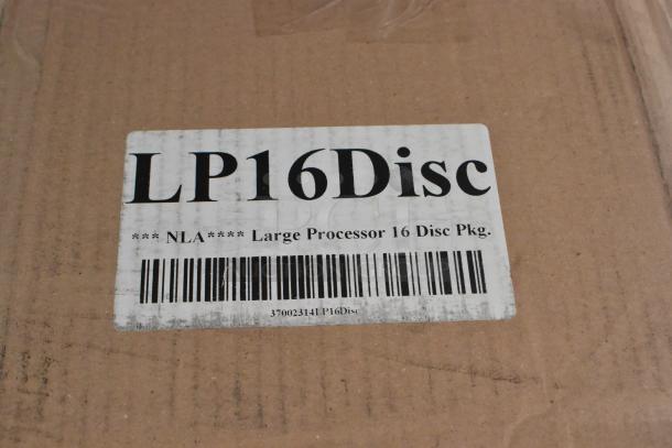 Box labeled "LP16Disc" for Robot Coupe food processor blades, showing barcode and "Large Processor 16 Disc Pkg."