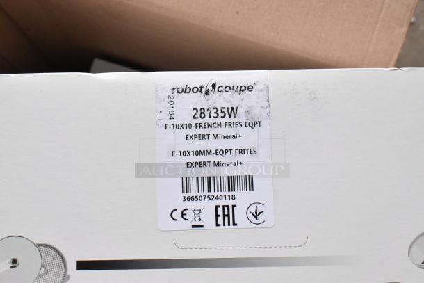 14 new, scratch and dent Robot Coupe food processor blades including models 28135W and others. Label shows model 28135W details.