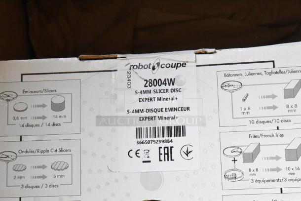 Robot Coupe food processor blade box, model 28004W, brand new, scratch and dent condition, S-4MM slicer disc.