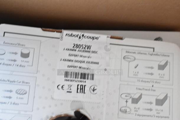 14 brand new Robot Coupe food processor blades with visible label: 28052W Julienne Disc, CE marked, scratch and dent condition.